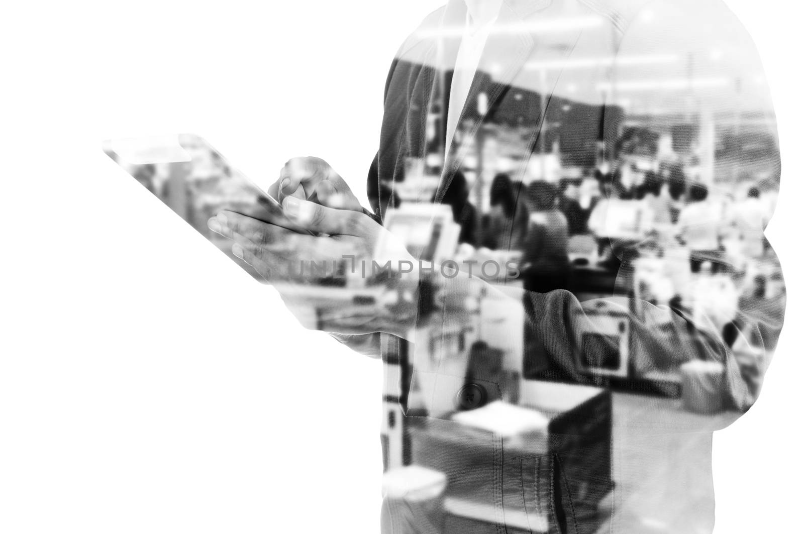 Double Exposure of Busienssman with Tablet and Blur Supermarket Cashier Counter
