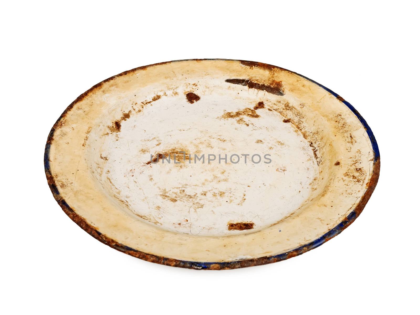 old metal rusty dish isolated on white background, studio shot