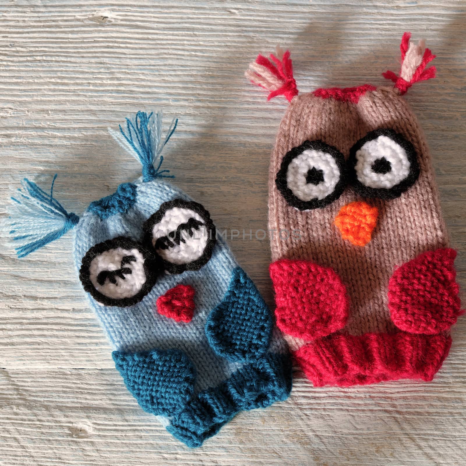 Hand puppets for children day, colorful owl puppet knit from yarn, funny handmade gift for child day on white wooden background