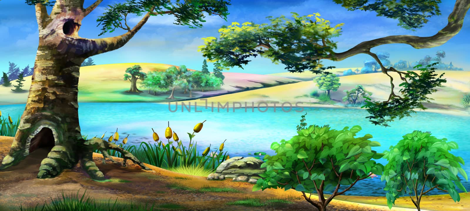 Digital painting of the Big Old Tree on the River Bank. Summer day with bright blue sky.