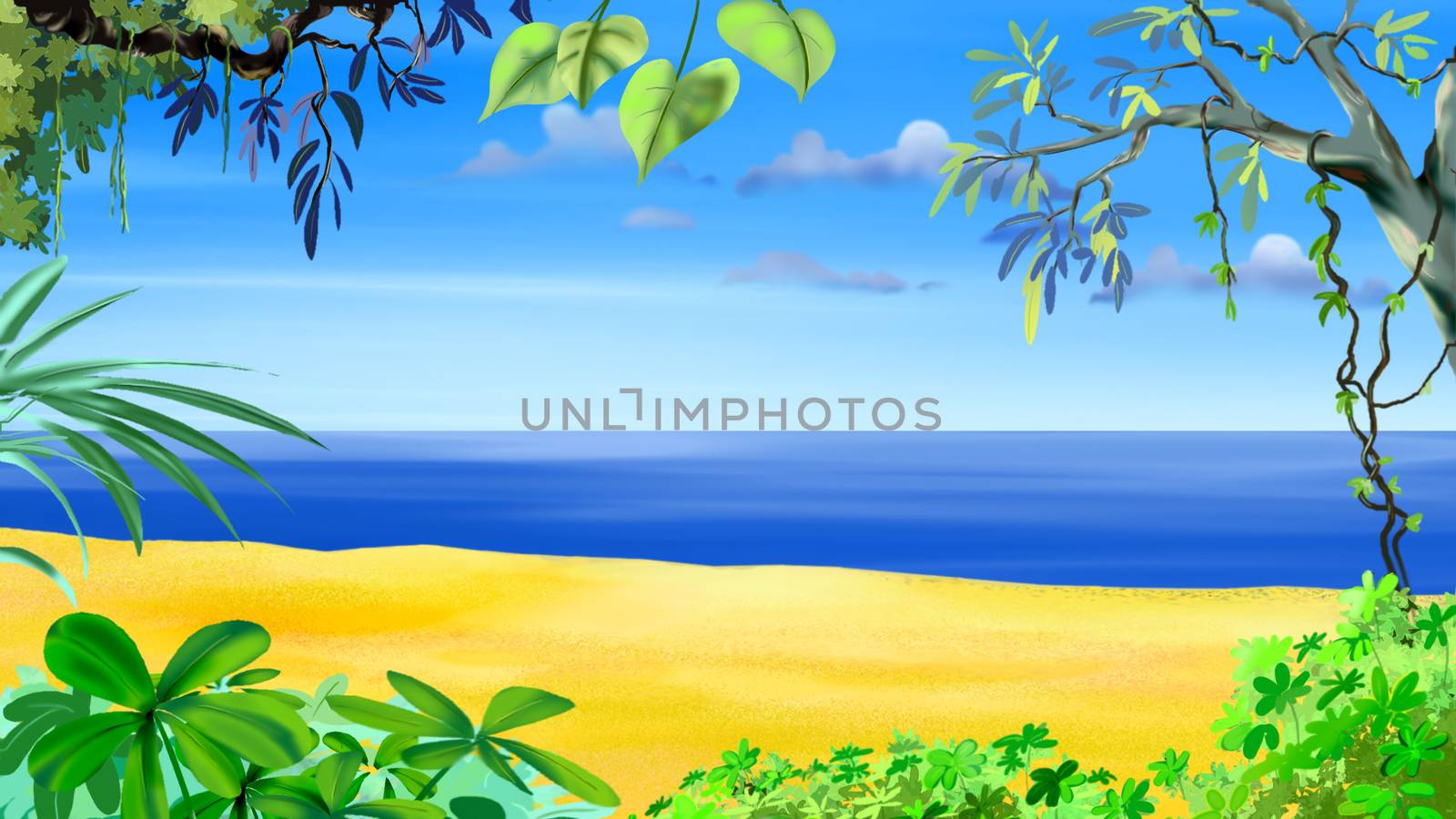 Digital painting of the Tropical Beach. Idyllic sea view