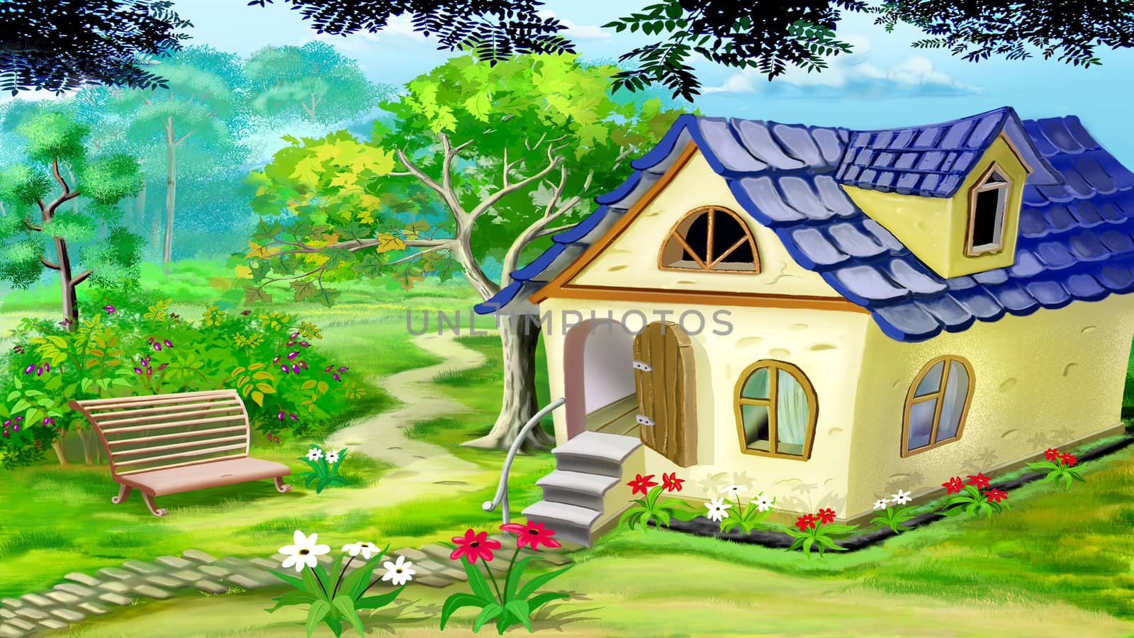 Digital painting of the Village Garden House in a summer day. Rural landscape.