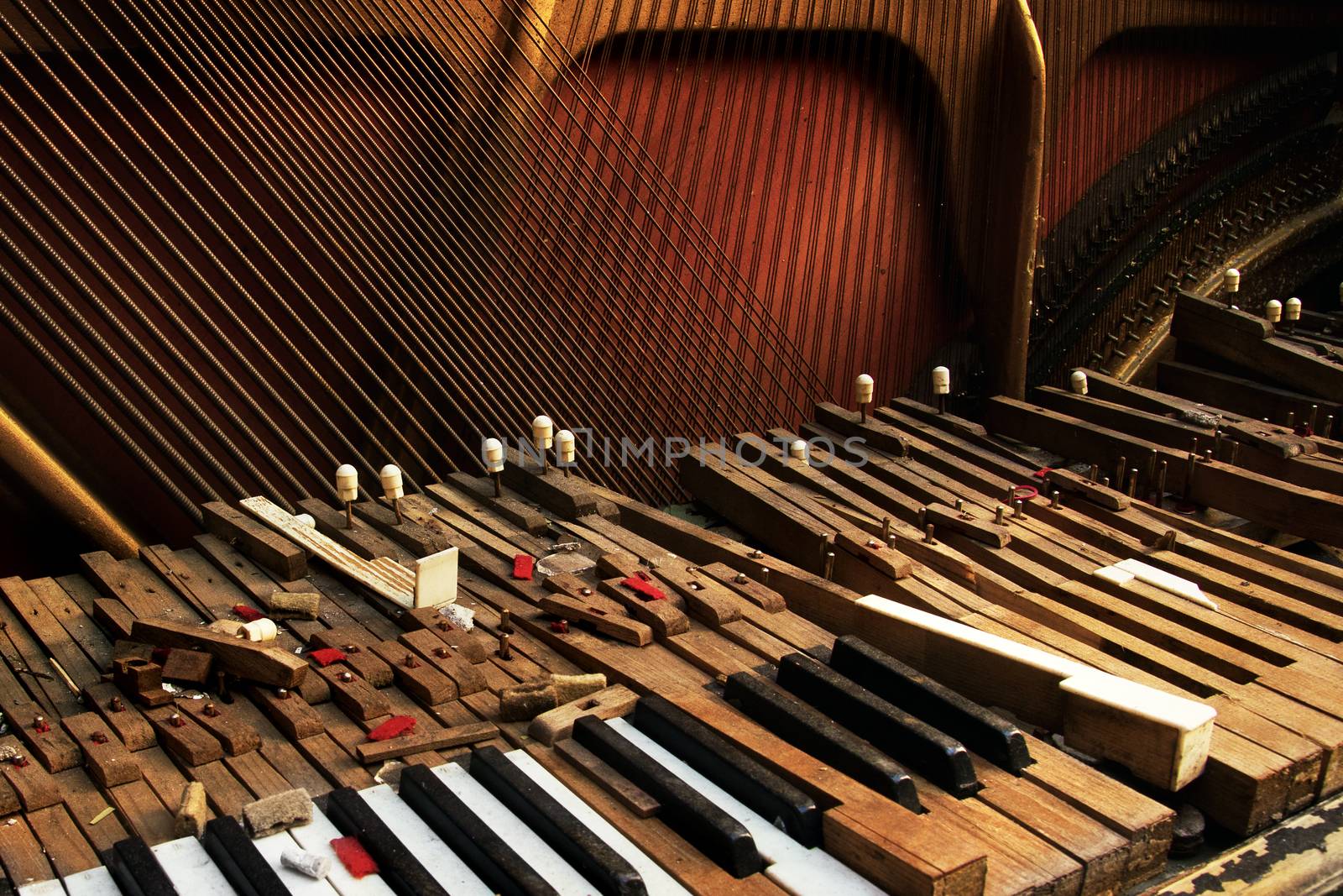 Keyboard of old broken piano (close-up view)