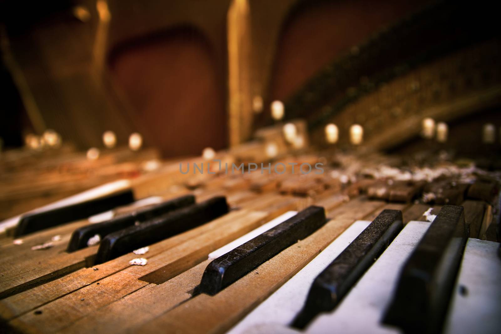 Keyboard of old broken piano (close-up view)