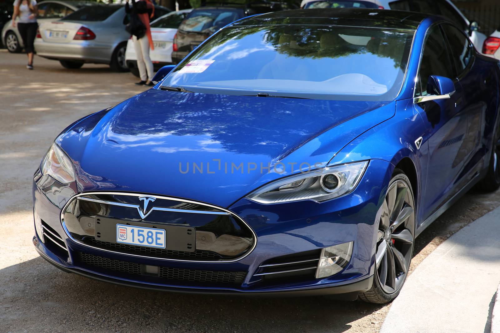 Nice, France - May 15, 2016: Blue Tesla Model S P90D Car Parked in Front of the Nice Orthodox Church