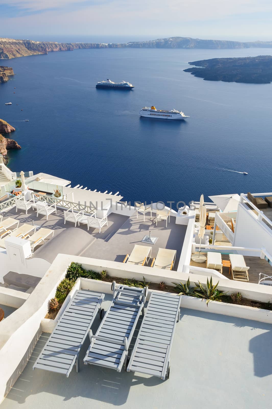 Luxury decks and patios of Oia, Santorini, Greece