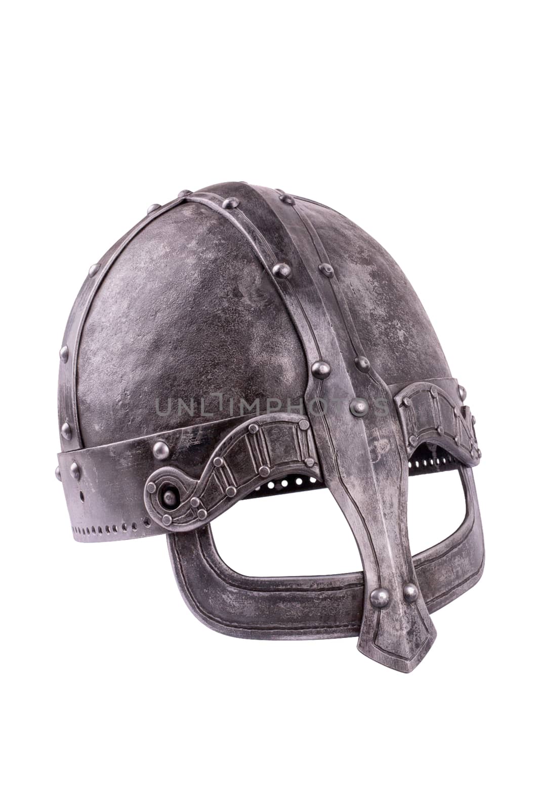 Old forged Viking helmet isolated on a white background.