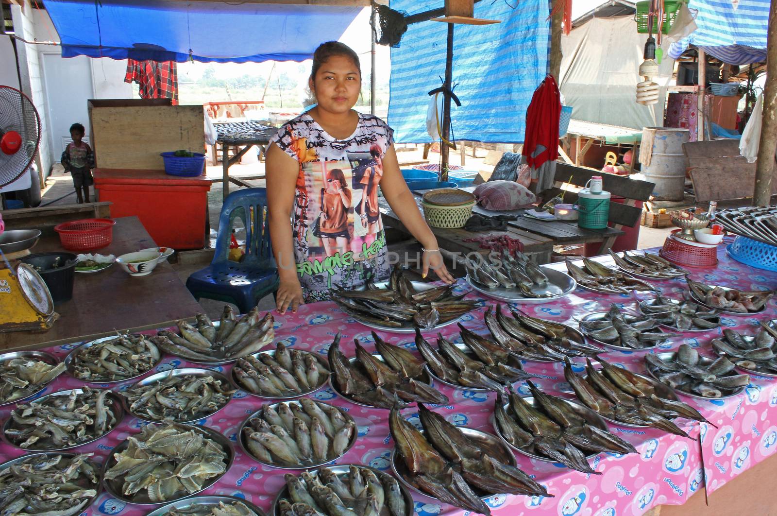 Young lady selling fish at a roadside market in Mae Nam Tapi village in Thailand. Fishes are catched from the near river named Tapi.  The loacal market is popular for traditional style food and old Thai culture.