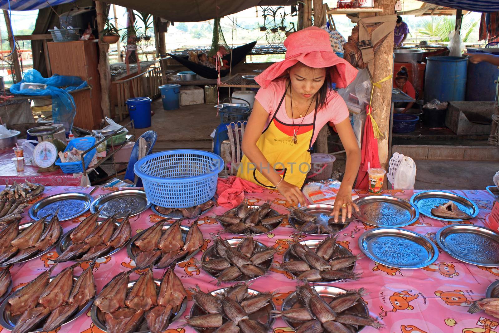 Young girl selling fish at a roadside market in Mae Nam Tapi village in Thailand. Fishes are catched from the near river named Tapi.  The loacal market is popular for traditional style food and old Thai culture.