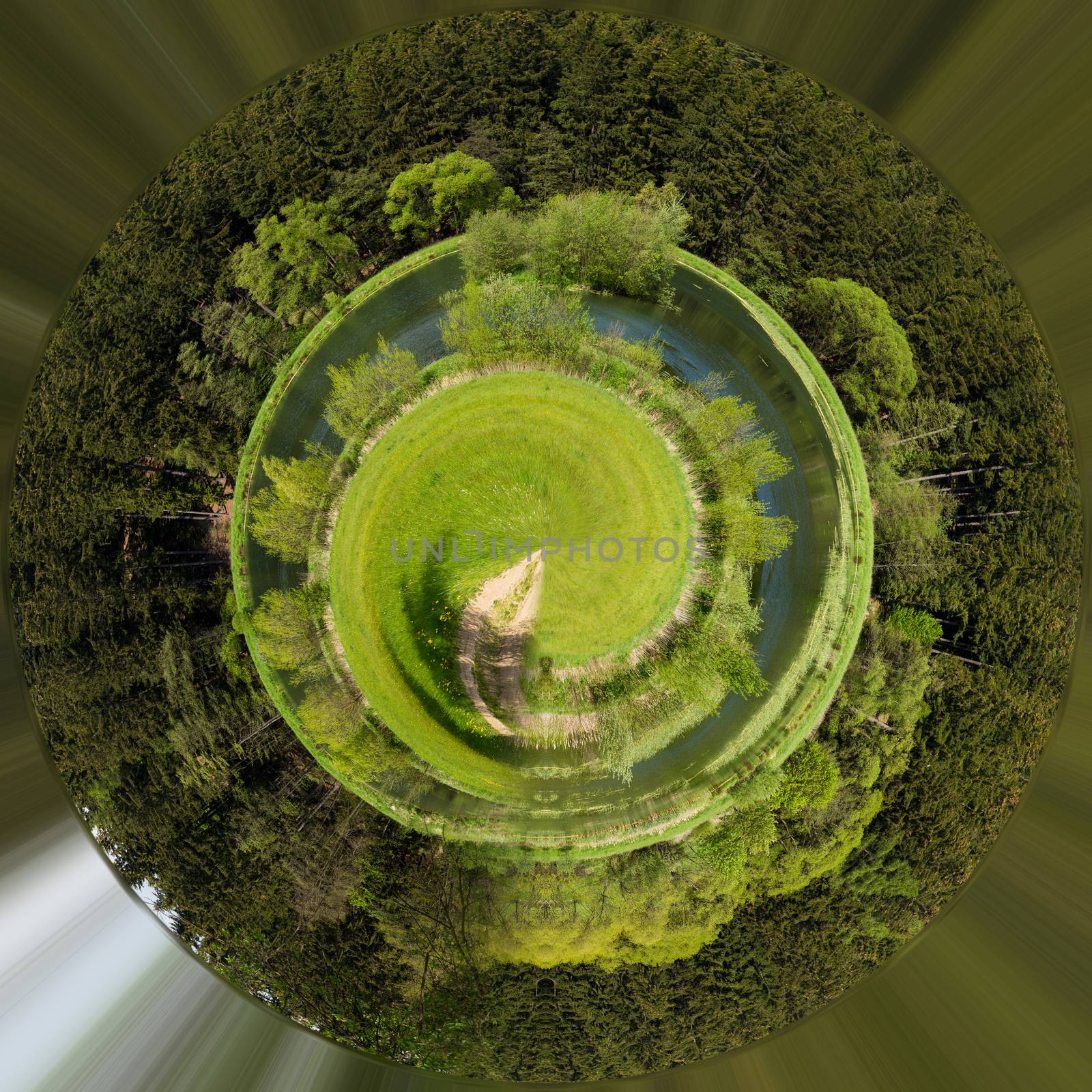 wide panorama, Beautiful summer rural landscape with small lagoon. Green czech countryside. Beautiful highland vysocina european countryside. Beautiful Little planet ecology concept. Tiny green planet