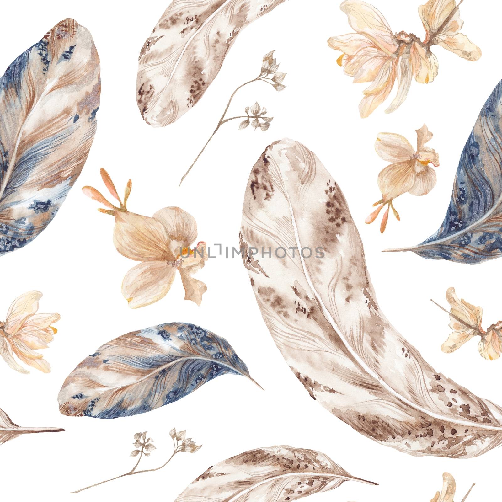Fall Watercolor Pattern with Feathers by kisika