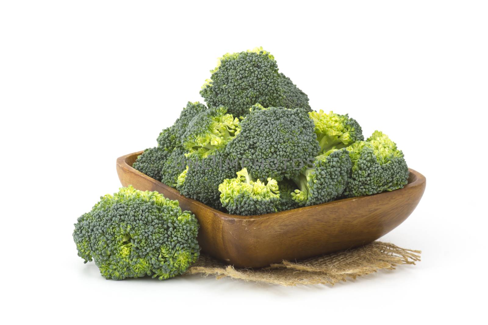 Raw broccoli in a bowl on white background