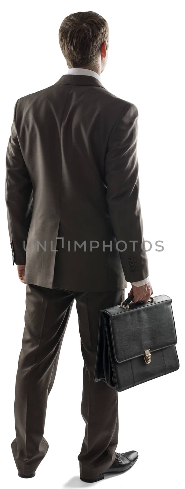 Rear view of business man hold briefcase, businessman standing back wear elegant gray suit isolated over white background