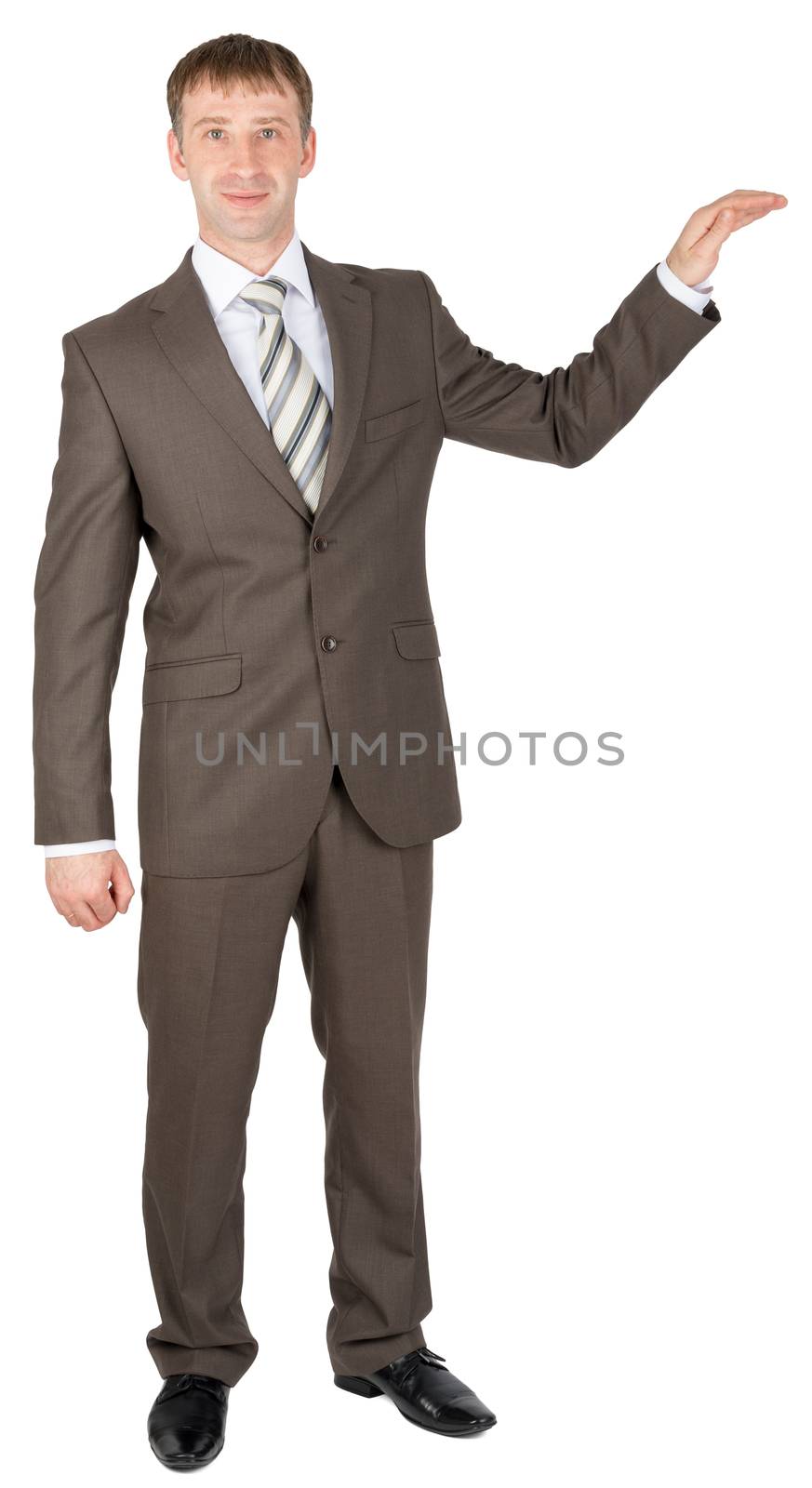 Happy business man giving presentation on copy space isolated on white background