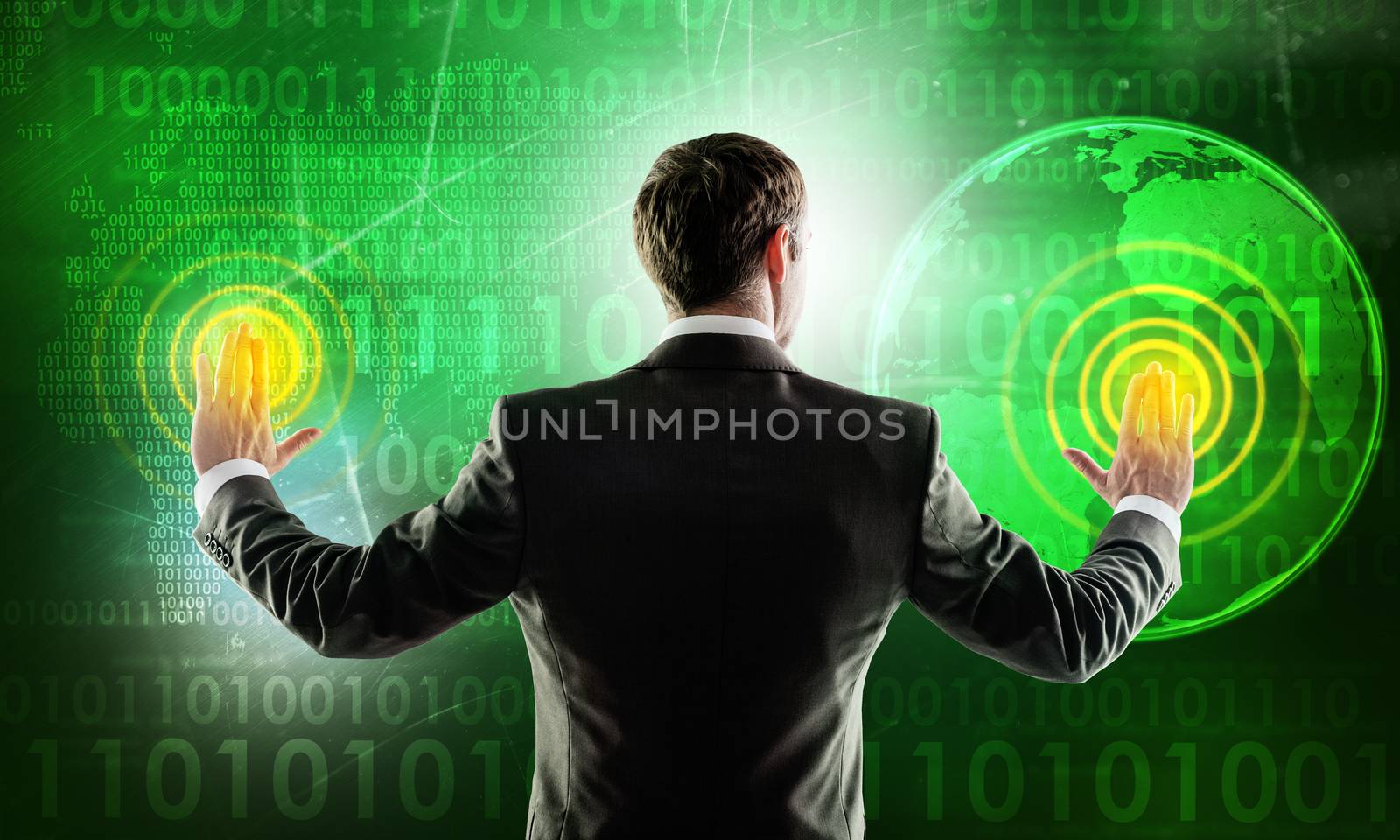 Businessman in suit working on digital background with icons