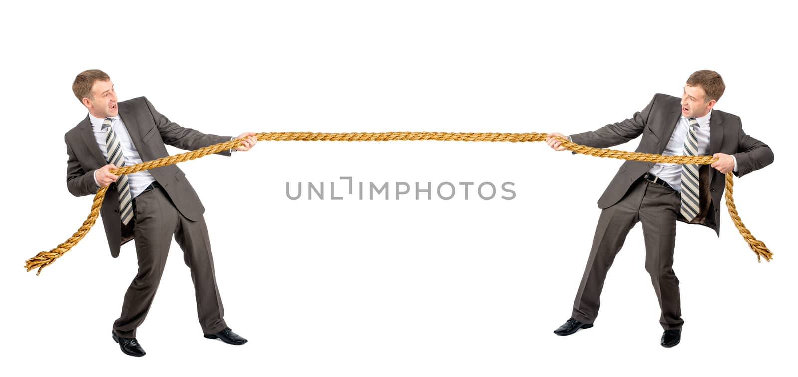 Tug war, two businessman pulling rope in opposite directions isolated on white background