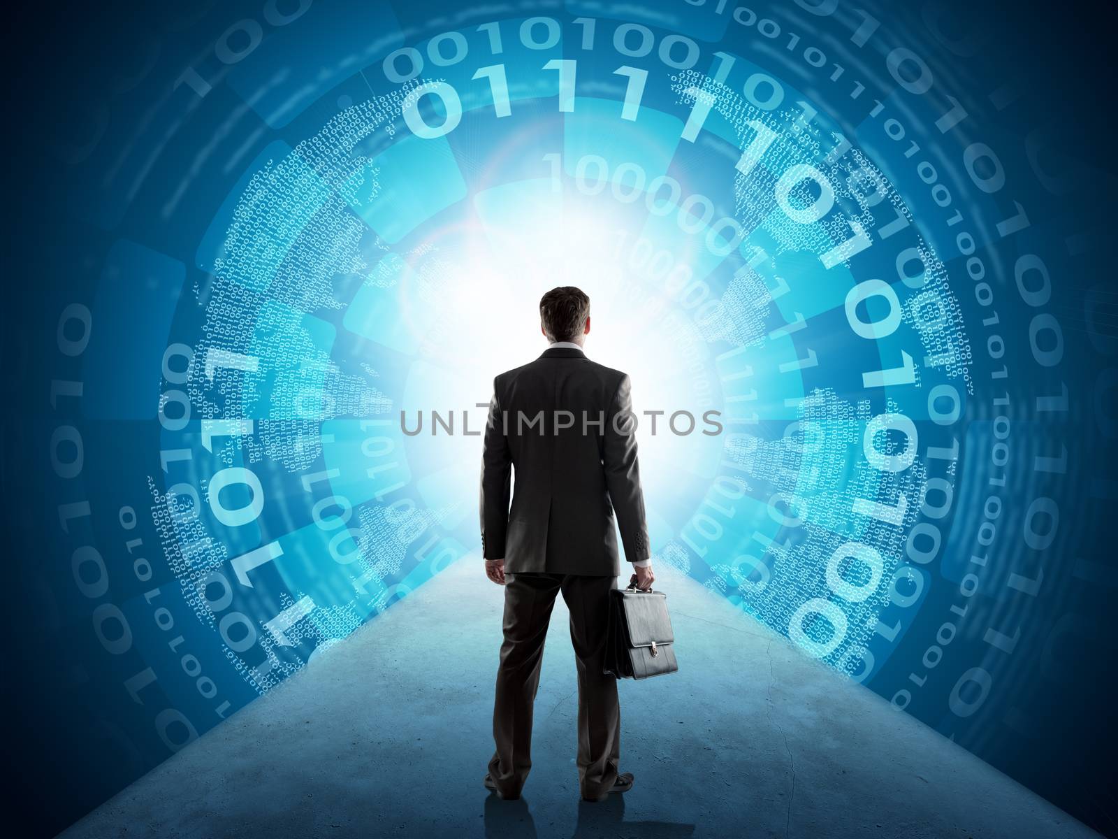 Businessman standing in front of matrix background by cherezoff