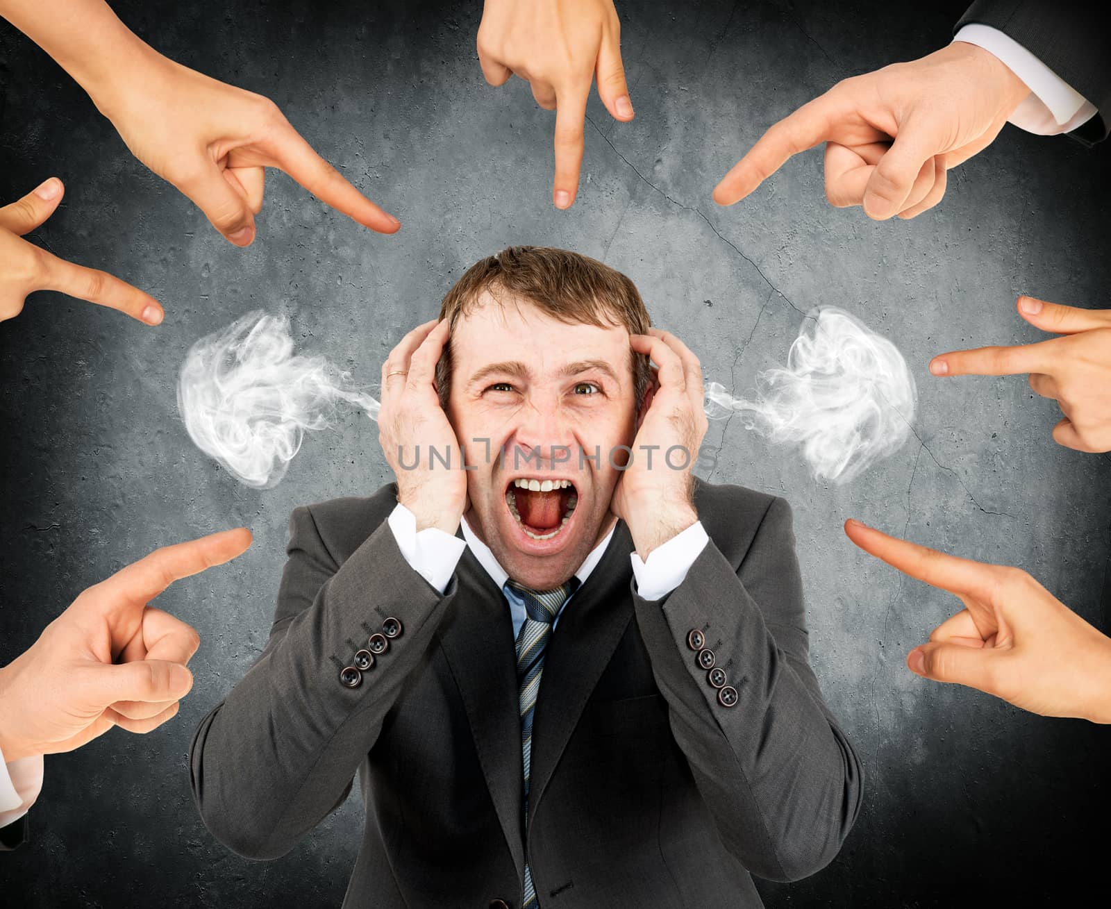 Many fingers pointing at screaming stressed businessman with smoke out his ears