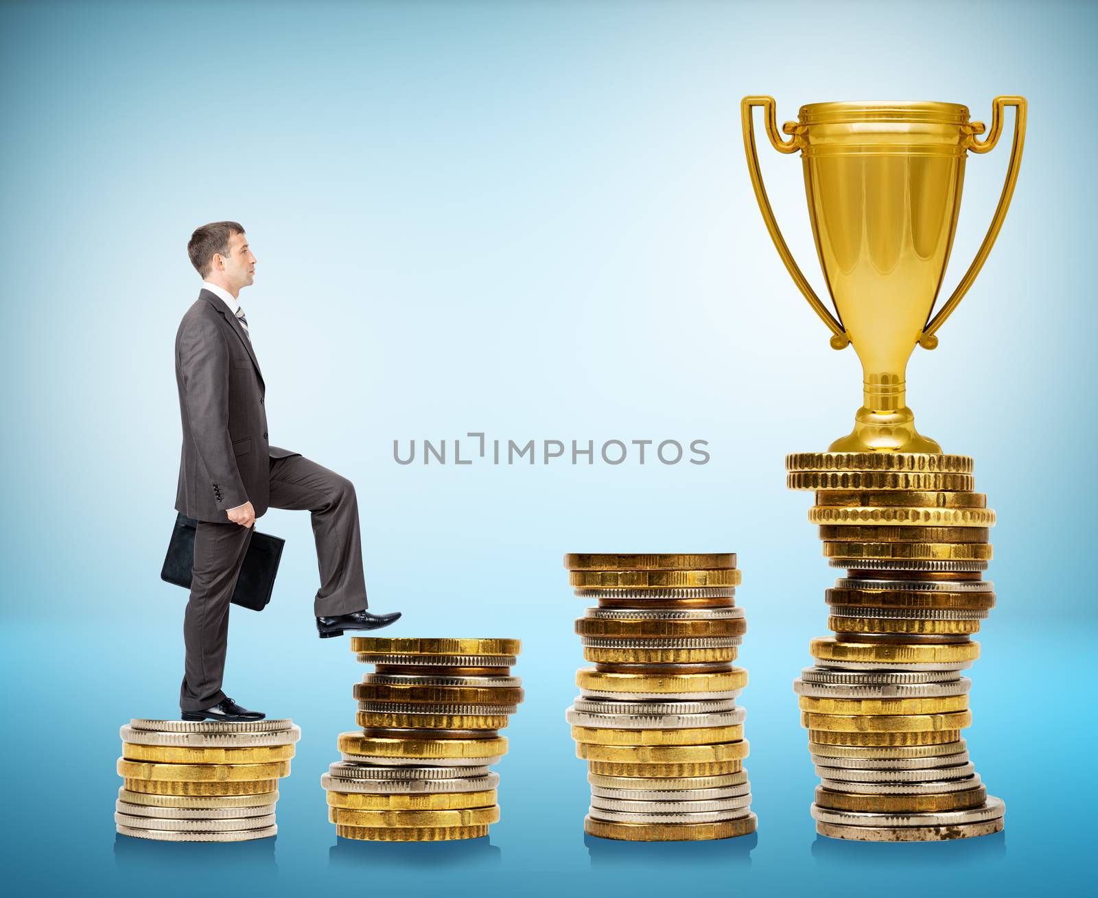 Businessman going up, coins stairs. by cherezoff