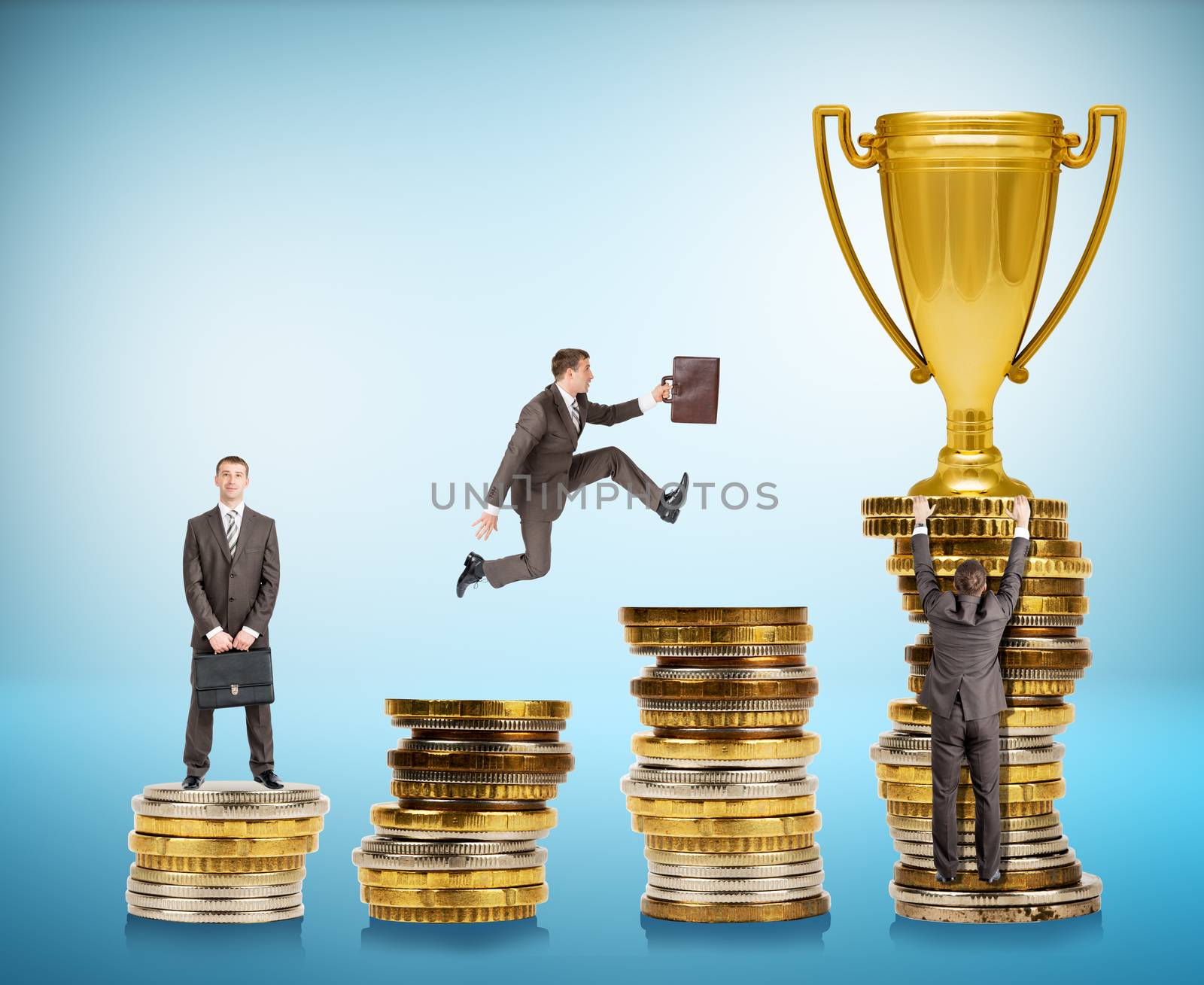 Set of businessman trying to get gold cup moving on coins stairs