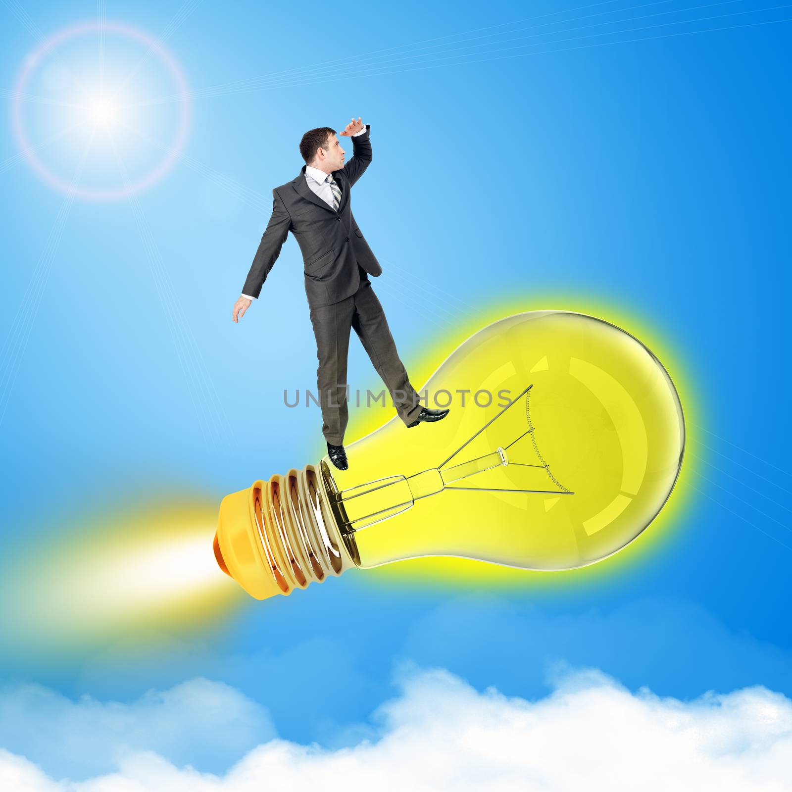 Man travel on bulb in sky with clouds
