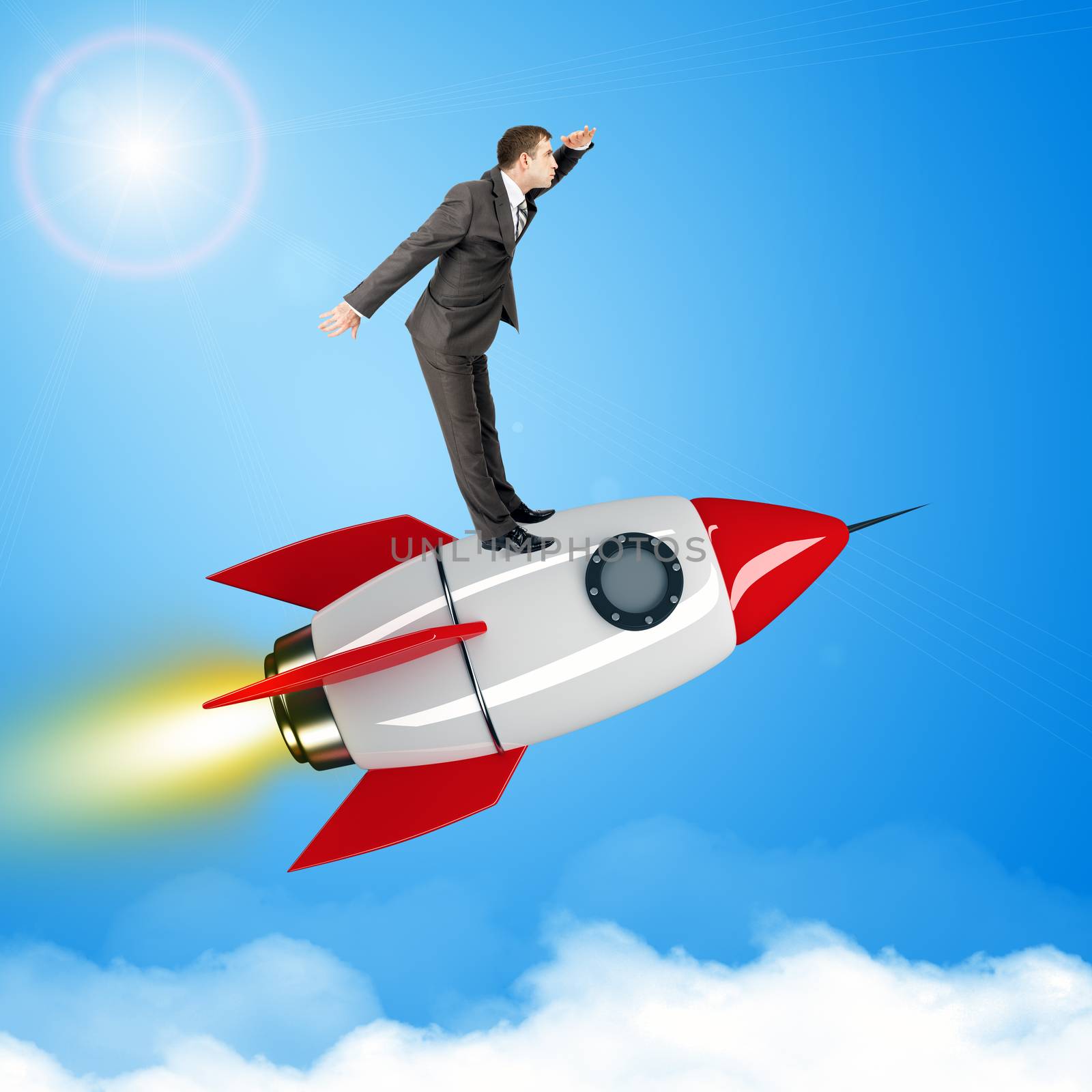 Businessman flying on jet rocket above city in sky