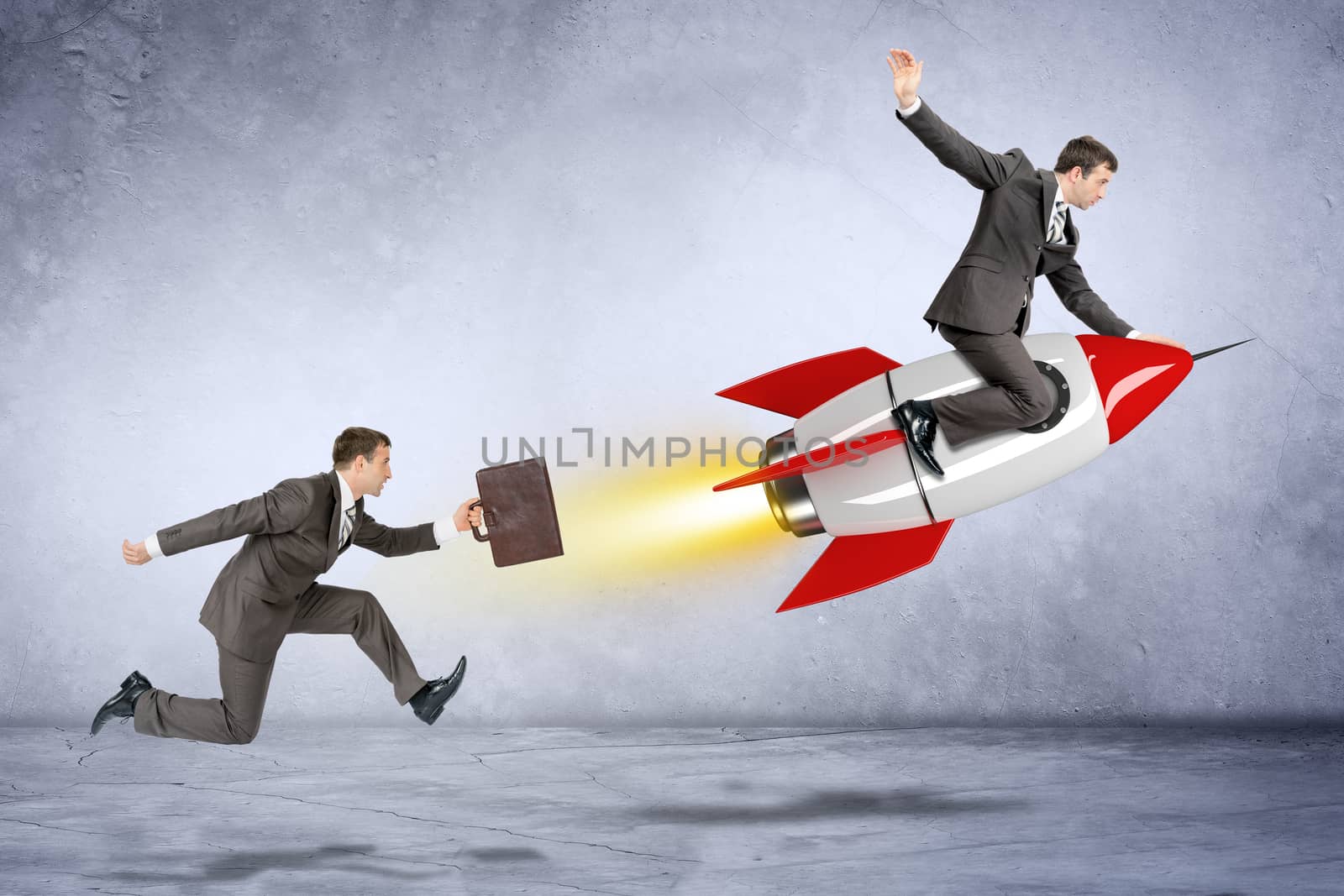 Businessman with briefcase trying to catch up flying businessman on rocket
