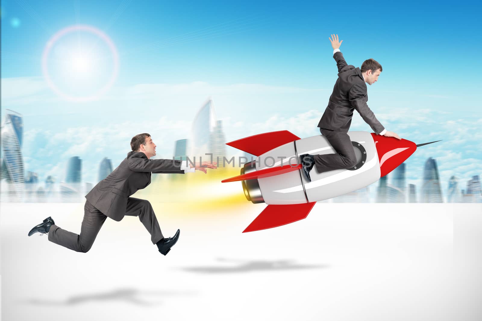 Businessman flying away on rocket from man on city background