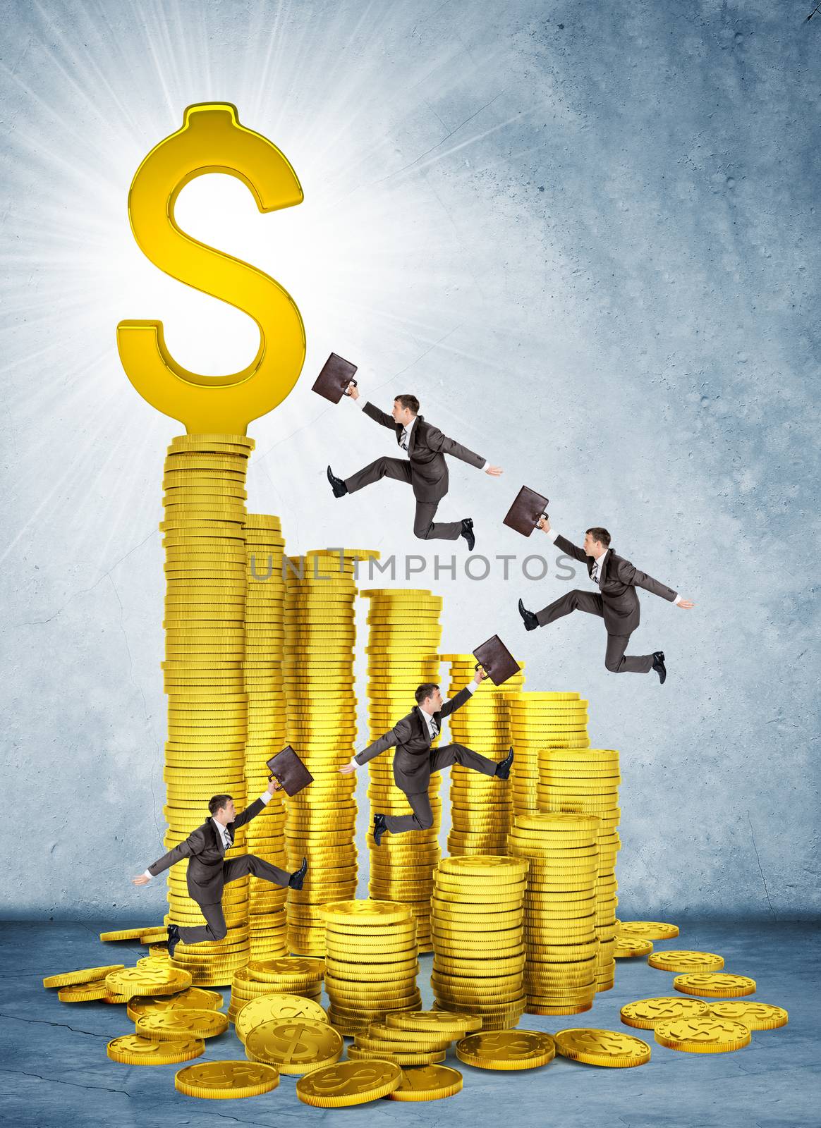 Businessmen run and jump on money stairs  by cherezoff
