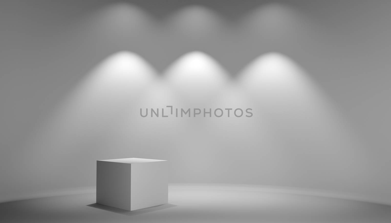 White cube in gray studio. Light from lamp on wall. Background for exhibition of products, web design or business template. 3D illustration