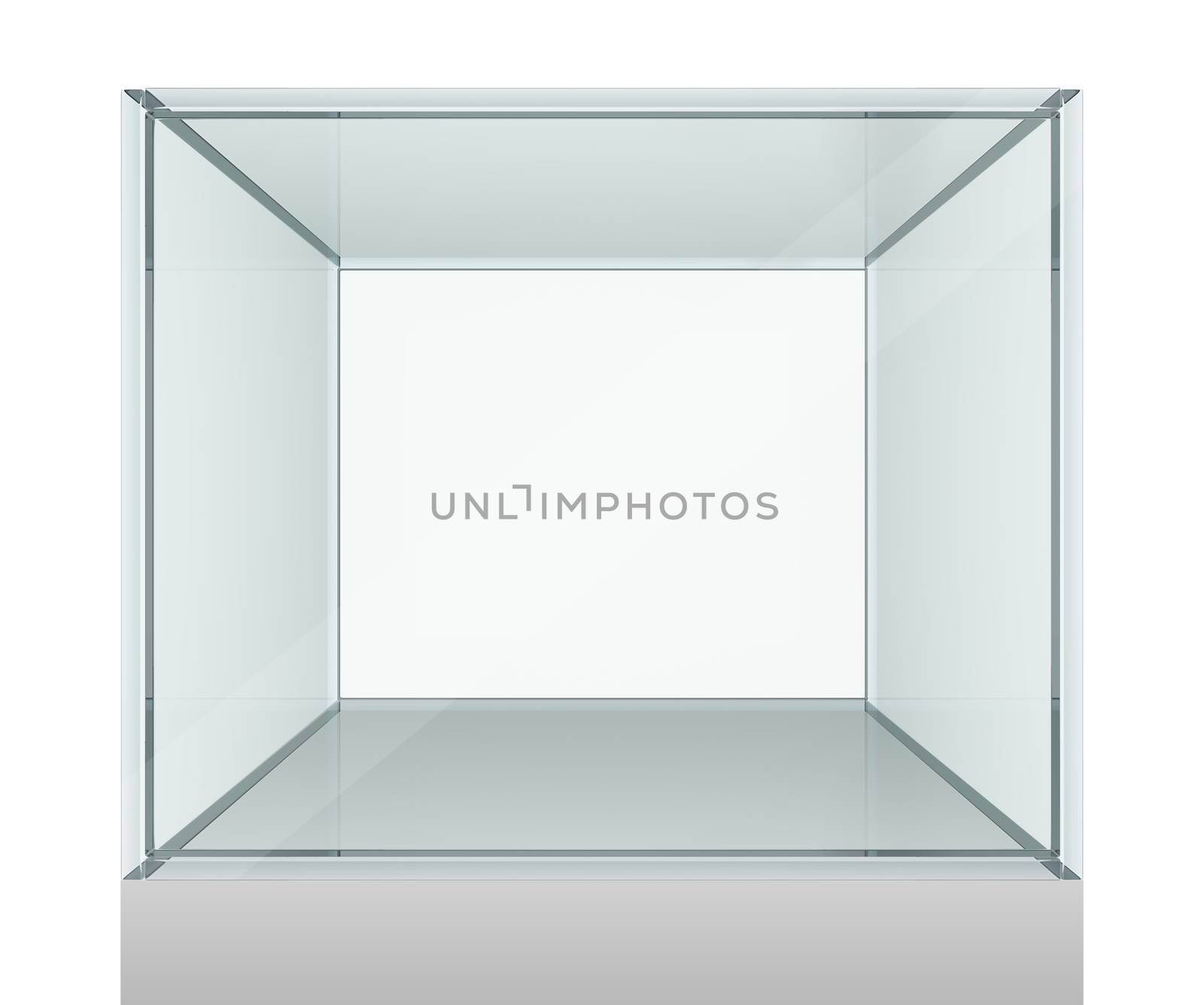 Empty glass showcase for exhibit isolated on white background. 3D rendering