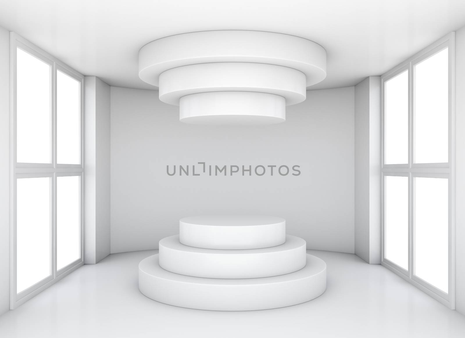 Showcase with podium and top cap. Clean white room for exhibition. 3D illustration