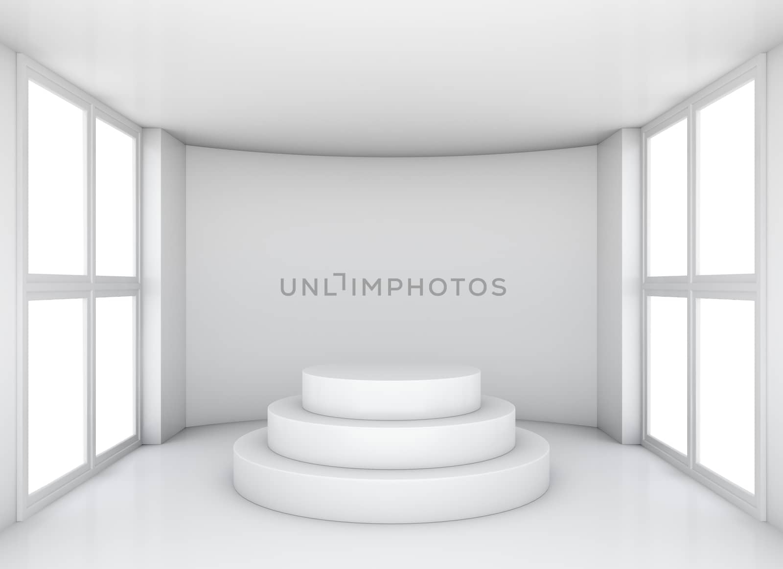 Presentation clean white room with empty podium in center. 3D illustration