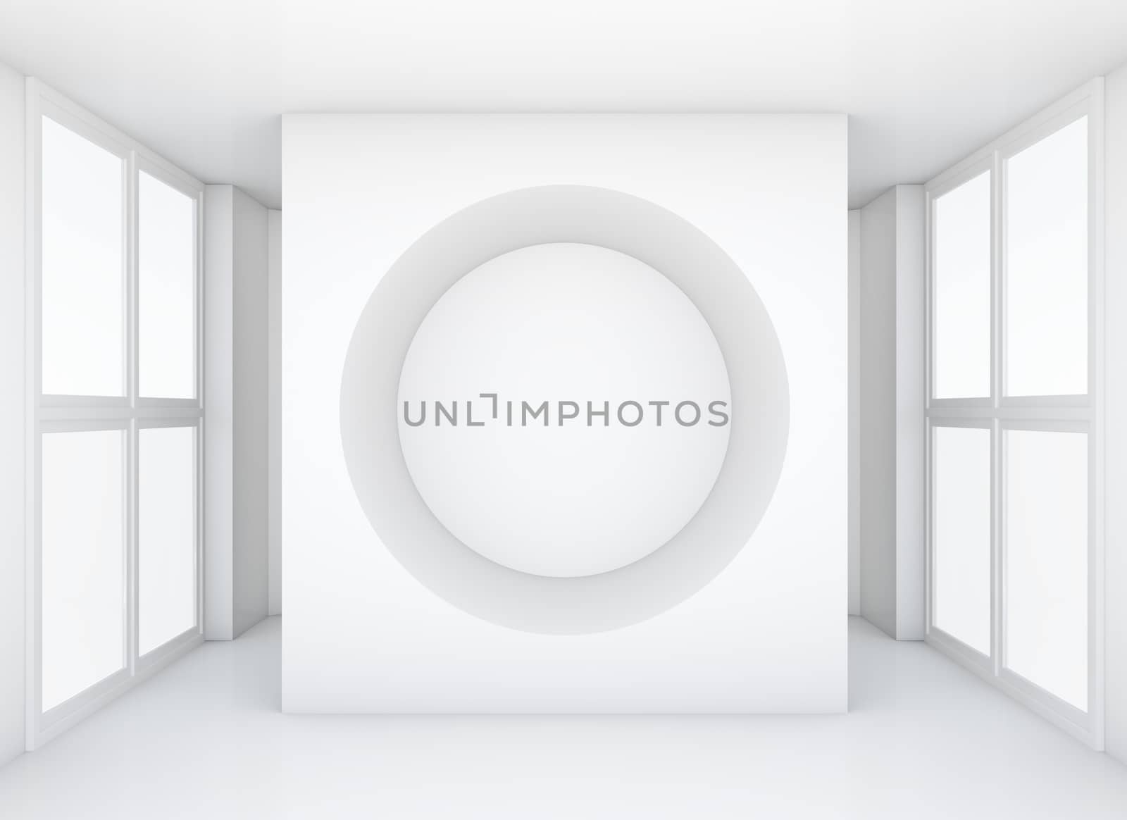 White wall with hole in clean exhibition room with large windows. Empty space for products. 3D rendering