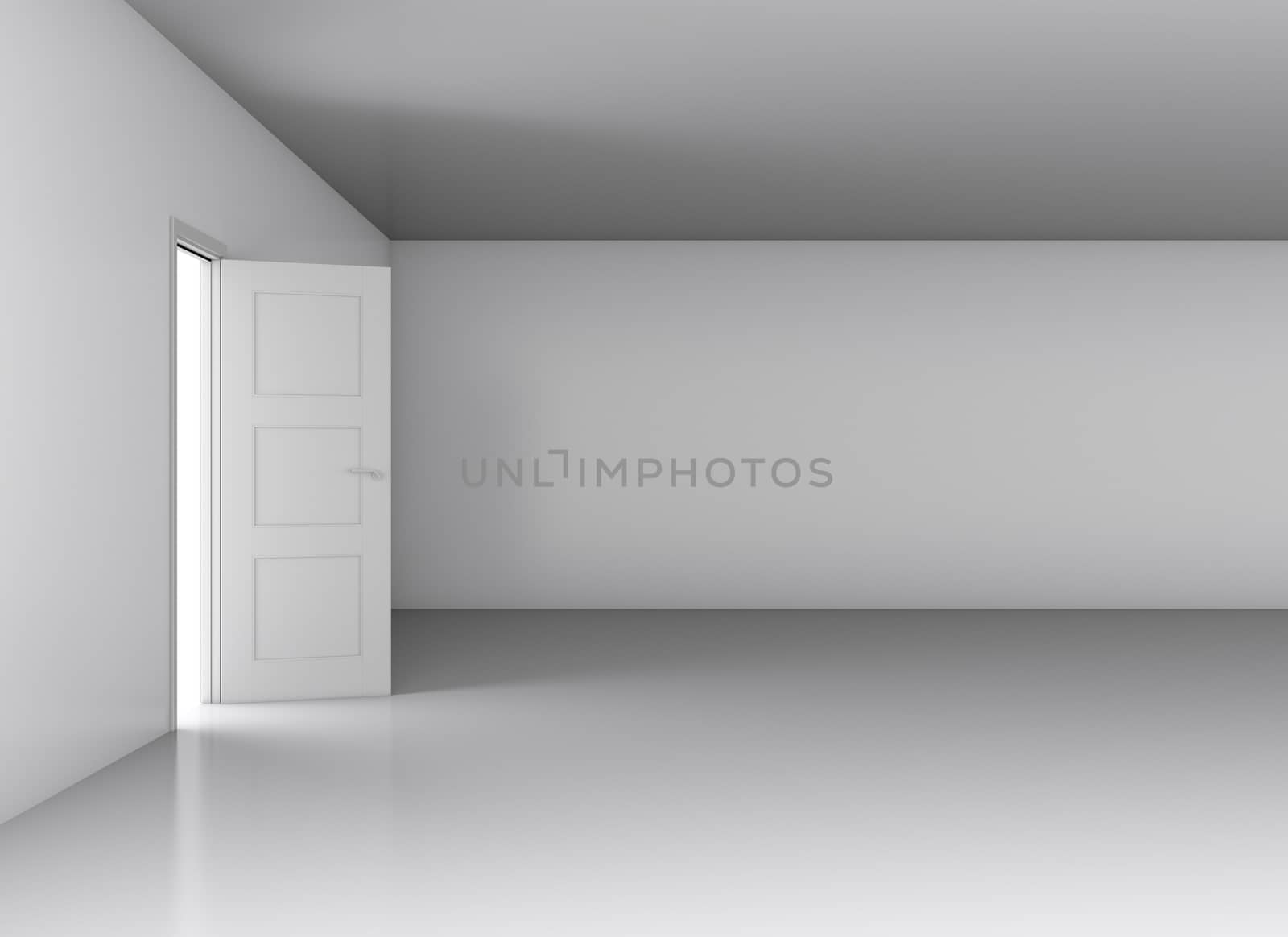 Opened door with bright light on empty white wall background. 3D rendering