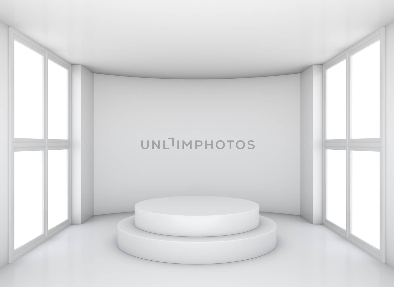 New interior with round concrete and large windows. 3D illustration