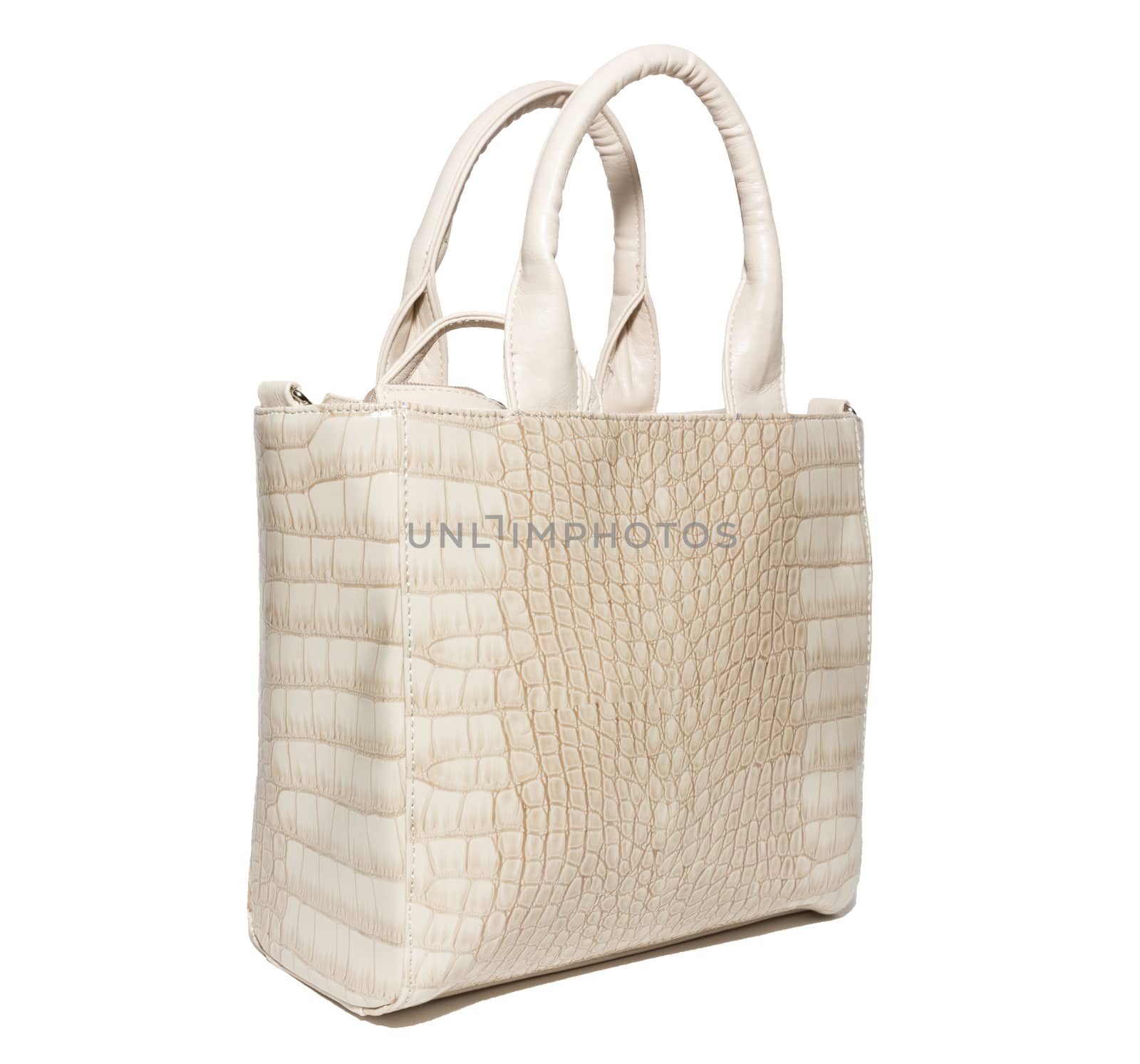 The photograph shows a female handbag on a white background