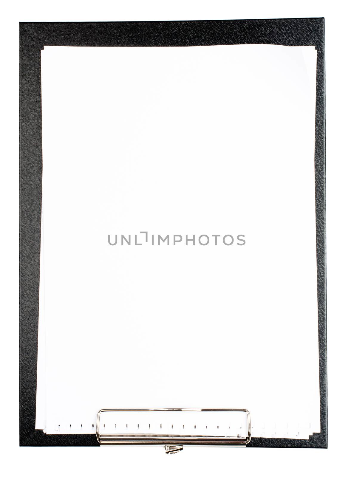 Black folder with stack of paper on isolated white background, closeup