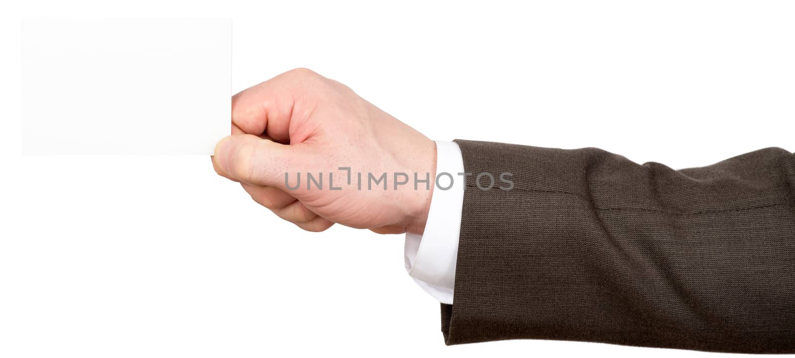 Businessman holding small blank card on isolated white background, closeup