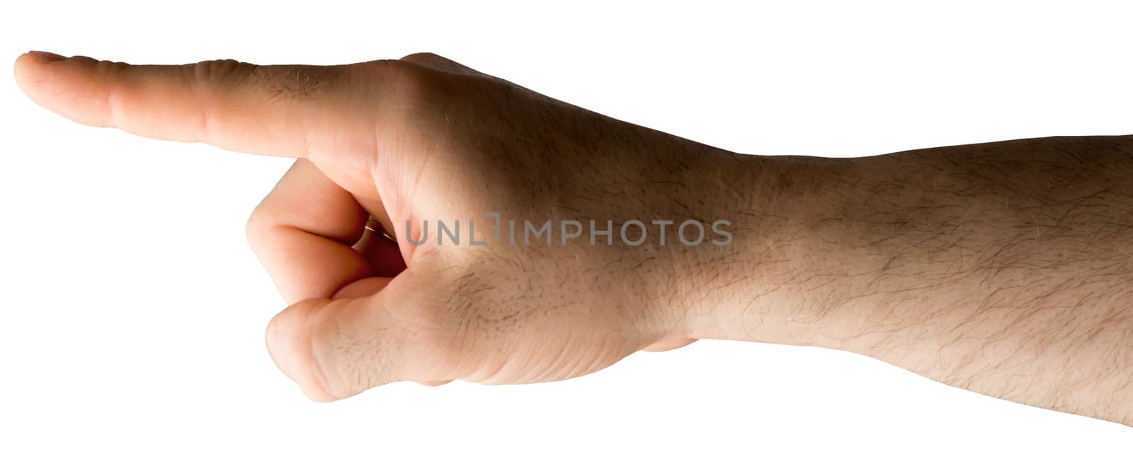 Human hand pointing on isolated white background