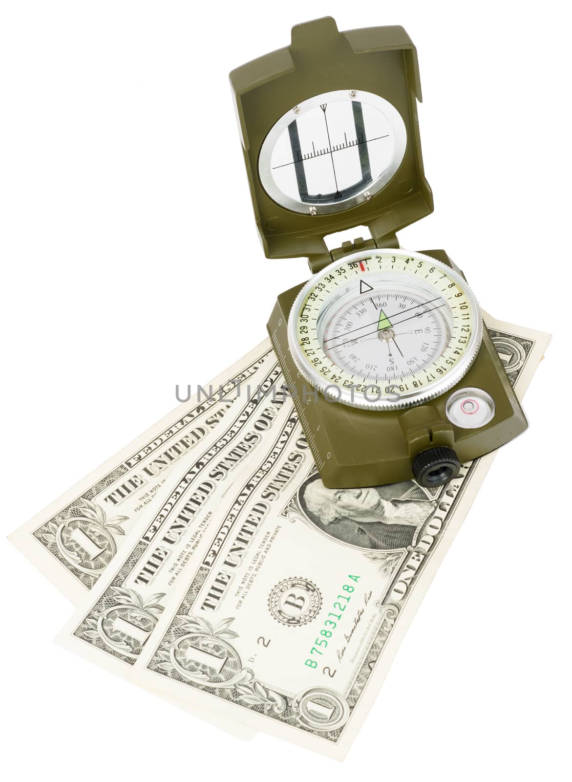 Vintage brass compass with cash on isolated white background, close up view