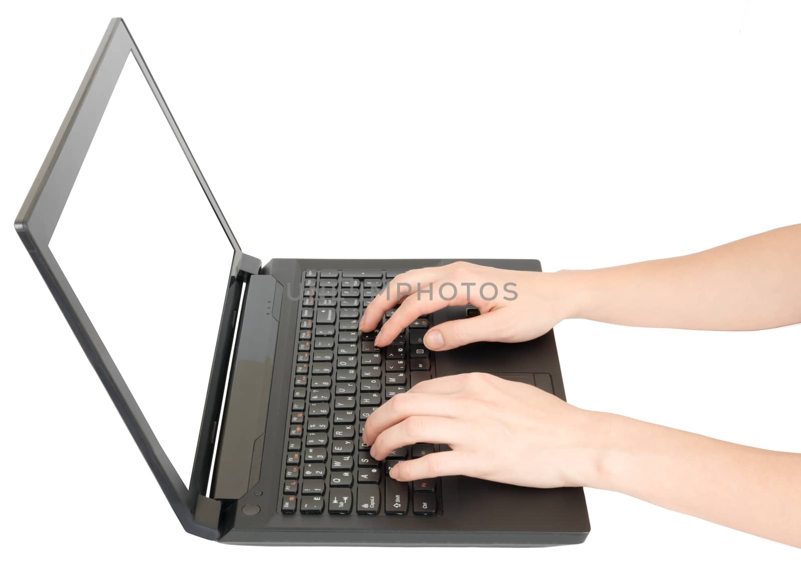 Female hands using laptop on isolated white background