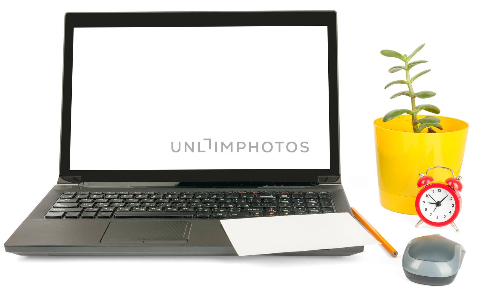 Laptop with blank card and alarm clock by cherezoff