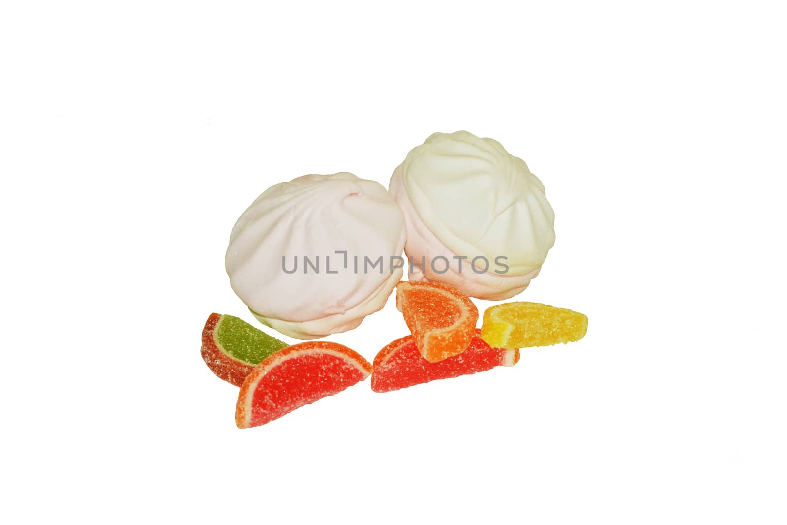 Marshmallow and marmalade on a white background