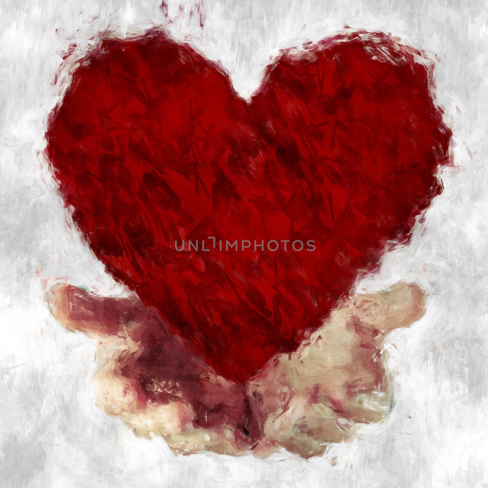 Graphic illustration of two hands with a red heart