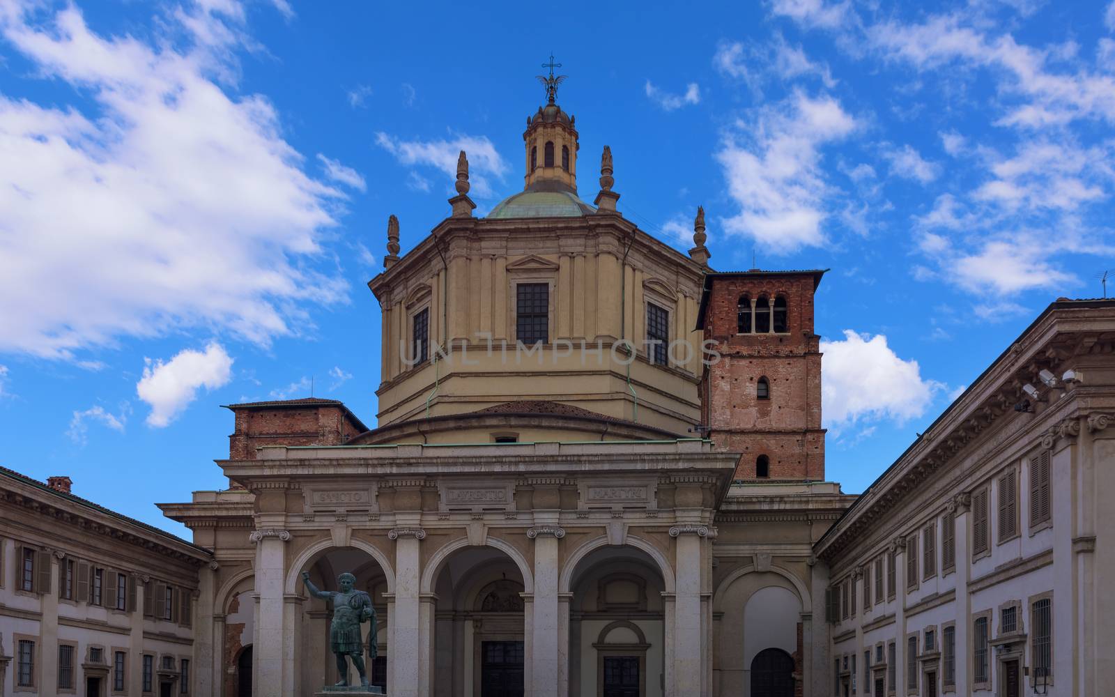 Saint Lawrence (San Lorenzo ) Cathedral and the statue of Emperor Constantin in Milan