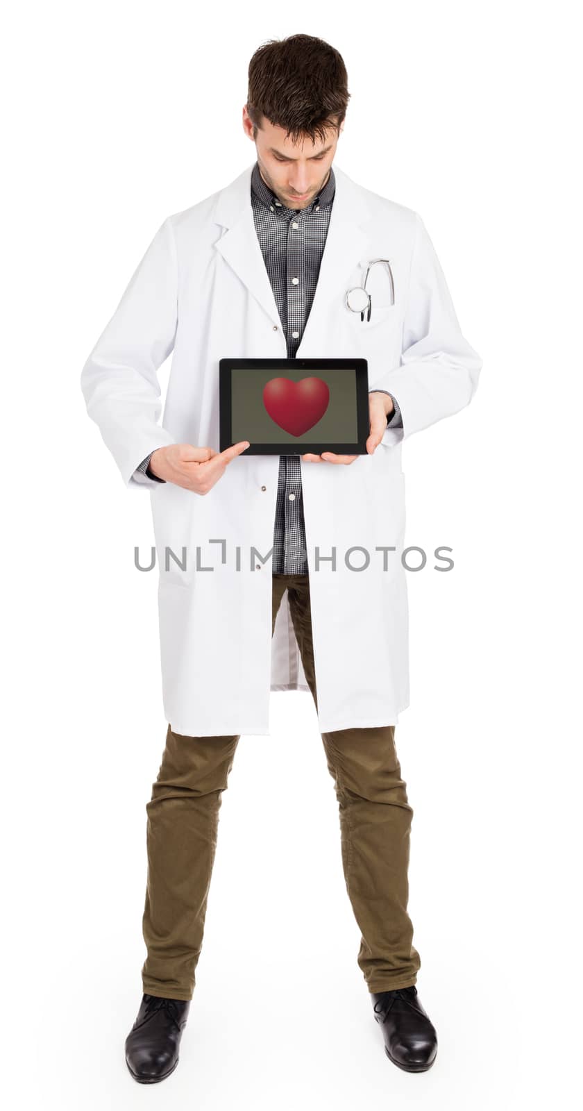 Doctor holding tablet, isolated on white - Red heart