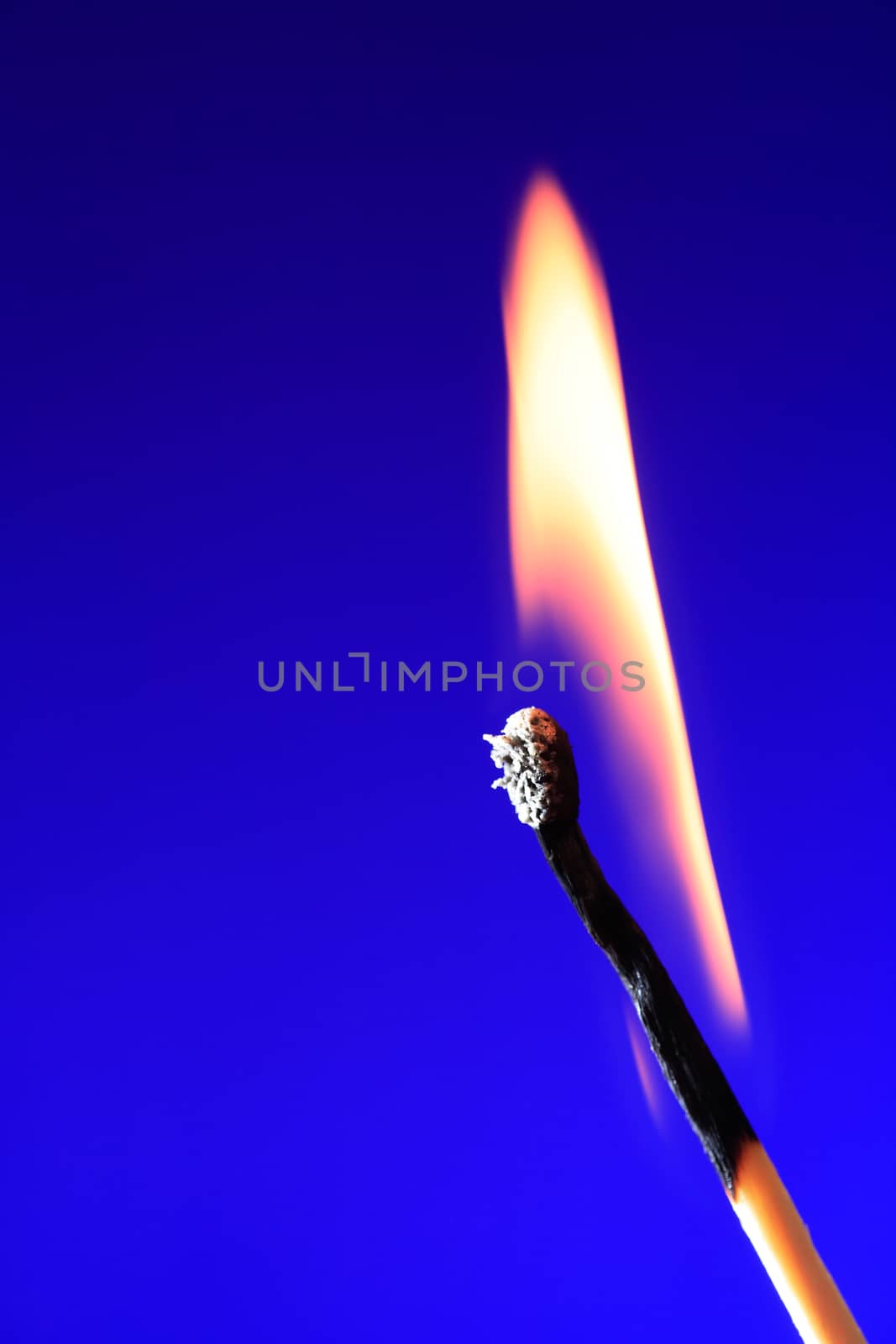 Lighting matchstick on blue background with free space for text