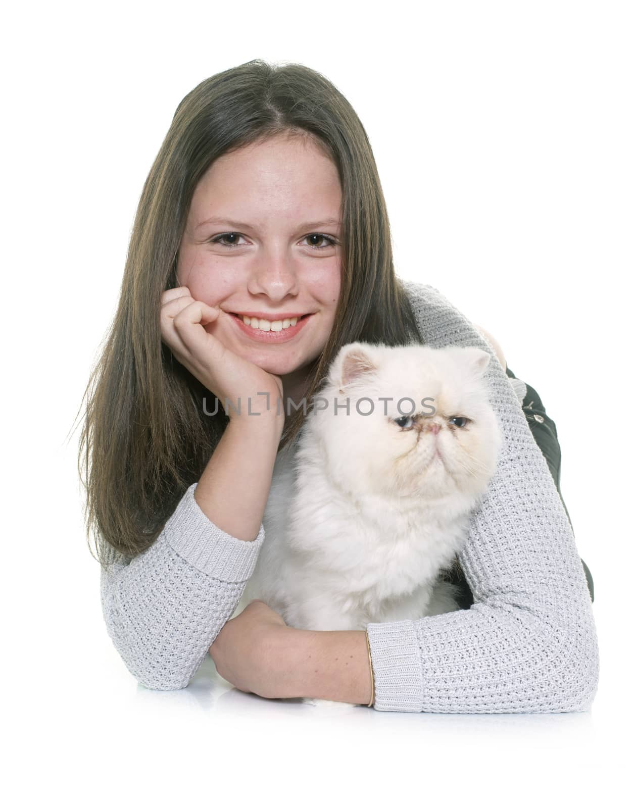 white persian cat and teenager in front of white background