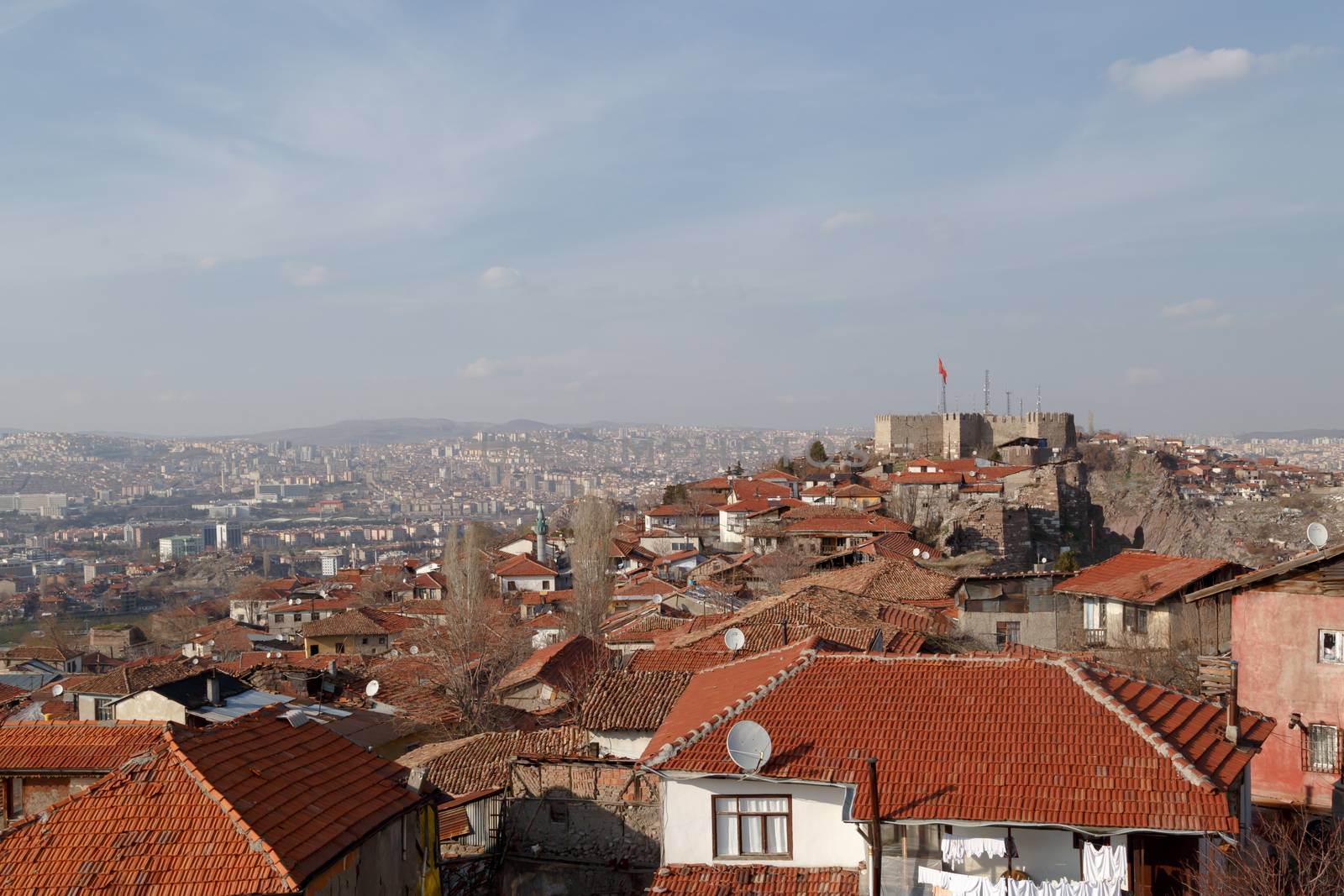 Cityscape view with old small houses from historical Ankara Tower on cloudy sky background.